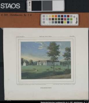 Ansicht vom Gut Steinhausen im Kreis Halle. Ausf.-Art: Farbiger Druck Herst.: Carl Hohe; Th. Albert; Winckelmann Format: 28 x 35 cm Maßstab: