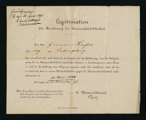 Legitimation für Benützung der Universitätsbibliothek