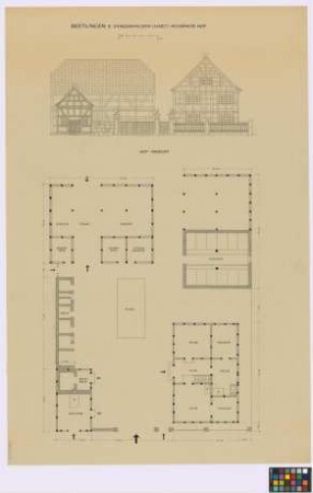 Breitungen bei Sangerhausen (Harz): Rossbachs Hof. Lageplan mit. - Scheune (Grundriss). - Schweineställe (Grundriss). - Backhaus (Grundriss). - Schmiede (Grundriss). - Kuhstall (Grundriss). - Dung (Umriss). - Wohnhaus (Grundriss)