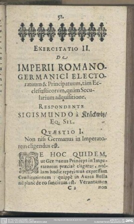 Exercitatio II. De Imperii Romano-Germanici Electoratuum & Principatuum, tam Ecclesiasticorum, quam Secularium adquisitione