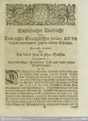 Außführlicher Vorbericht Von Dem ersten Evangelischen Iubilaeo, und den deßhalb von hundert Jahren edirten Schriften