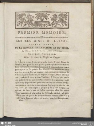 Premier Mémoire. Sur Les Mines De Cuivre Tenant Argent, De La Hongrie, De La Bohême Et Du Tirol
