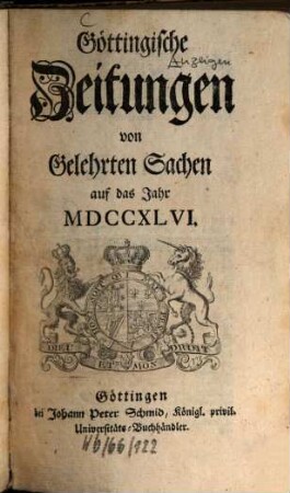 Göttingische Zeitungen von gelehrten Sachen : auf das Jahr .... 1746, 1746