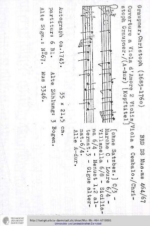 Ouverture a Viola d'Amore 2 Violin / Viola e Cembalo. / Christoph Graupner.