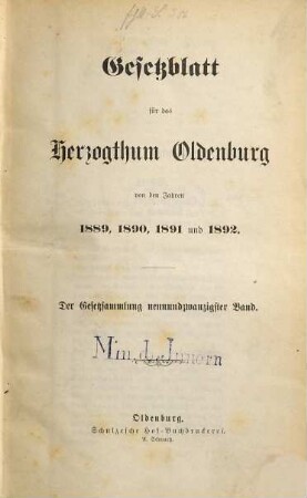 Gesetzblatt für das Herzogtum Oldenburg : von den Jahren .... 29. 1889/92