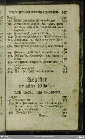 Register zur achten Abtheilung. Von Torten und Gebackenen