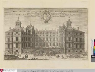 Suecia Antiqua et Hodierna; Illustriss. et Exellentiß: Dn. Comitis CAROLI GUSTAVI Wrangelij Supremi Exercituum Ducis Palatium Holemse quá parte urbem respicit. Des Herrn Reichs Feldherrn Carol Gustaf Wrangels Hoch Gräfl: Excll:ce Palatium in Stockholm wie solches kegen der Stadt anzusehen