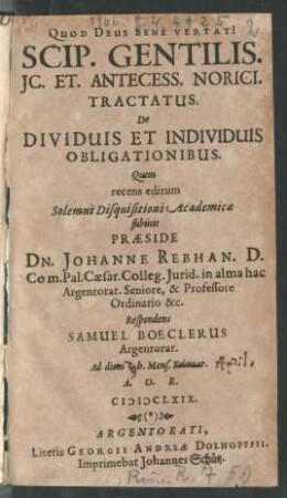 Scip. Gentilis. IC. Et. Antecess. Norici. Tractatus. De Dividuis Et Individuis Obligationibus