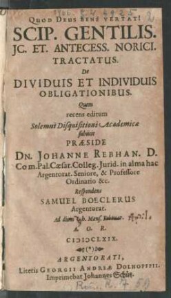 Scip. Gentilis. IC. Et. Antecess. Norici. Tractatus. De Dividuis Et Individuis Obligationibus