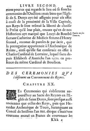 Des Ceremonies Qvi s'obseruent au Couronnement des Reynes. Chapitre XX.