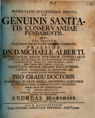 Diss. inaug. med. de genuinis sanitatis conservandae fundamentis