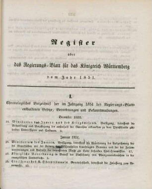 I. Chronologisches Verzeichniß der im Jahrgang 1851 des Regierungs-Blatts enthaltenen Gesetze, Verordnungen und Bekanntmachungen