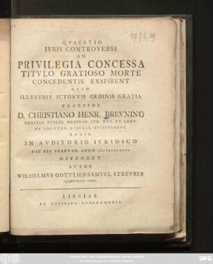 Qvaestio Ivris Controversi An Privilegia Concessa Titvlo Gratioso Morte Concedentis Exspirent