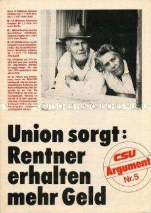 Mitteilungsblatt der CSU aus der Reihe "Argumente" über die Erhöhung der Renten
