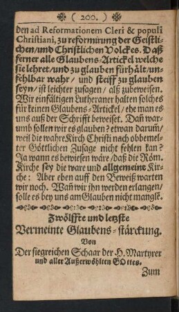 Zwölffte und letzte Vermeinte Glaubens-stärckung. Von Der siegreichen Schaar der H. Martyrer und aller Außerwöhlten Gottes.