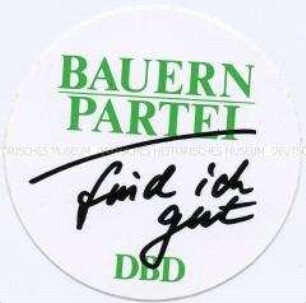 Aufkleber der Demokratischen Bauernpartei Deutschlands zur Volkskammerwahl 1990