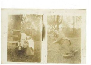 Fotografie einer Frau und eines Kindes vor einer Bank sowie eines im Gras liegenden Mannes