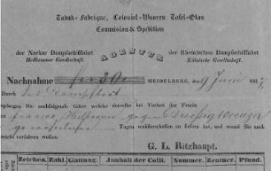 Frachtbrief des Speditionsgeschäfts G. L. Ritzhaupt, Heidelberg, für einen Transport mit dem Neckardampfboot