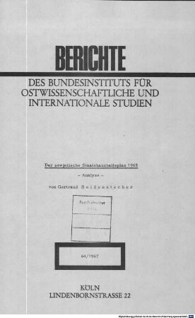 Der sowjetische Staatshaushaltsplan 1968 : Analyse