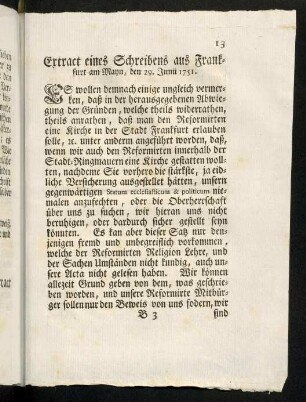 13-23, Extract eines schreibens aus Frankfurt am Mayn, den 29. Junii 1751