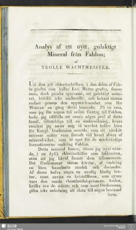 Analys af ett nytt, gulaktigt Mineral från Fahlun; af Trolle Wachtmeister