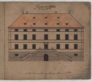 Nürnberg, Sankt Johannis, Schloss, Eingangsfront, Aufriss : Nürnberg, Sankt Johannis, Schloss, Aufriss der Eingangsfront, unbekannter Zeichner, 1649. Feder, Graphit, Pinsel in Wasserfarbe/Papier. 31,7 x 37,1 cm. Bez.: "Facciata oder AuffZug des neüen gebäudes." und "90 schuh land vndt" (Graphit). Maßstab mit Maßeinheit "schuh" (50 Schuh=16,9 cm).