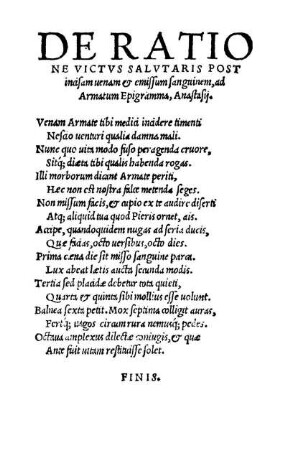 De Ratione Victvs Salvtaris Post inasam uenam & emissum sanguinem, ad Armatum Epigramma, Anastasij.
