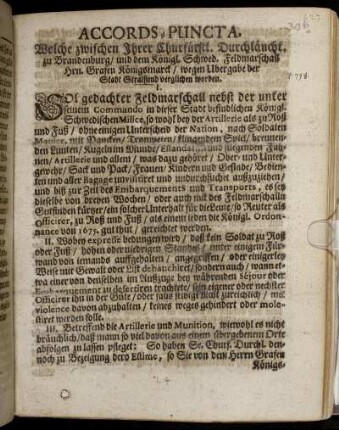 Accords-Puncta, Welche zwischen Ihrer Churfürstl. Durchläucht. zu Brandenburg/ und dem Königl. Schwed. Feldmarschall Hrn. Grafen Königsmarck/ wegen Ubergabe der Stadt Stralsund verglichen worden : [Signatum im Churfürstl. Hauptquartier zu Lüdershagen/ den 15/25. Octobris 1678.]