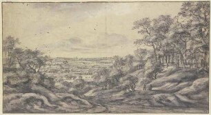 Rechts ein Bergabhang mit Wald und drei Figuren, links eine Erhöhung mit Gestrüpp, im Hintergrund weite Ferne mit spitzem Kirchturm