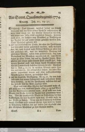 Am Sonnt. Quasimodogeniti 1774. Evang. Joh. 20, 19 - 31.