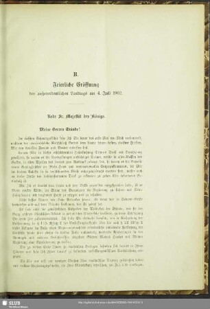 B. Feierliche Eröffnung des außerordentlichen Landtags am 4. Juli 1902