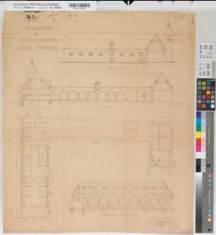 Pröbsting (Borken) Wiederaufbau des Pferdestalles des Hauses Pröbsting Grundriß, Ansichten, Schnitt 1922 1 : 100 72 x 62 Pause Oberlandesgericht Hamm Nr. 6073