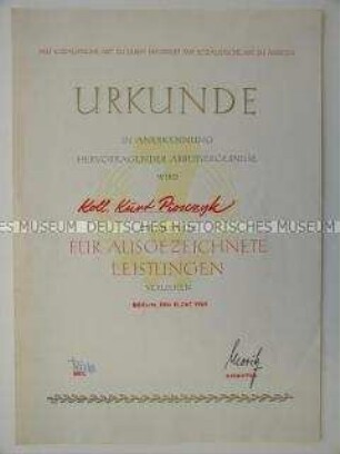 Urkunde des Kommissionshandels zur Medaille "Für ausgezeichnete Leistungen"