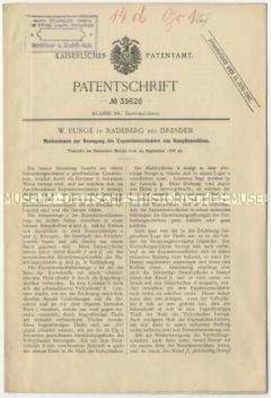 Patentschrift eines Mechanismus zur Bewegung des Expansionsschiebers von Dampfmaschinen, Patent-Nr. 39626