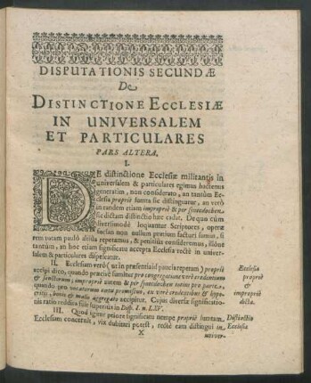 Disputationis Secundae De Distinctione Ecclesiae In Universalem Et Particulares Pars Altera.