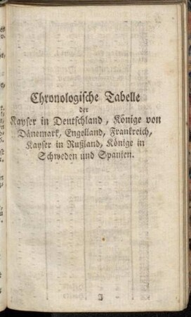 Chronologische Tabelle der Kayser in Deutschland, Könige von Dänemark, Engelland, Frankreich, Kayser in Rußland, Könige in Schweden und Spanien