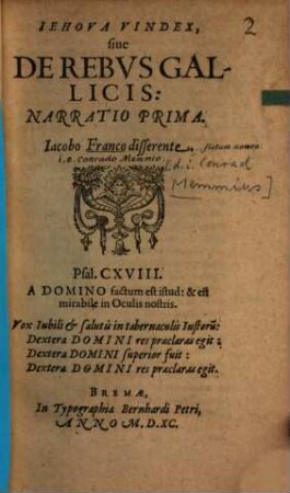 Iehova Vindex, sive De Rebus Gallicis. 1, Narratio Prima