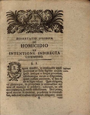 Dissertatio Ivridica De Homicidio Ex Intentione Indirecta Commisso