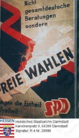 Deutschland (Bundesrepublik), 1953 September 6 / Wahlplakat der SPD (Sozialdemokratische Partei Deutschlands) zur Bundestagswahl am 6. September 1953 / großer rot schwarzer Block von Wahlzetteln unterbrochen