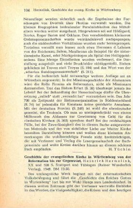 104-106 [Rezension] Hermelink, Heinrich, Geschichte der evangelischen Kirche in Wuerttemberg von der Reformation bis zur Gegenwart