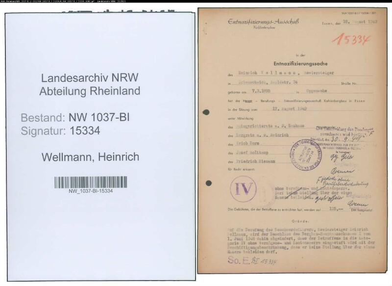 Entnazifizierung Heinrich Wellmann , geb. 07.03.1895 (Steiger)