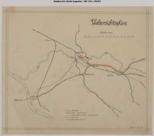 Übersichtskarte, Übersichtsplan über die Eisenbahnstrecken und Omnibuslinien im Bereich Troisdorf - Beuel - Niederpleis - Hennef - Siegburg samt Eintragung einer beantragten neuen Eisenbahnstrecke Hennef - Buisdorf - Siegburg.