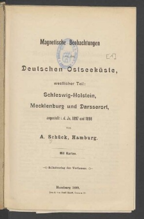 [1]: Westlicher Teil : Schleswig-Holstein, Mecklenburg und Darsserort, angestellt i. d. Jn. 1897 und 1898