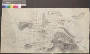 Myslenice; [ohne Titel]; ohne Verfasser; ohne Maßstab; 75,5 x 39 cm; Kartenrand: Stanislow-Höhen ohne besondere Bezeichnung; Mogilany-Nowawies-Myslenice; Budzow-Bogdanowka-Labien; Wadowitz-Gurnibarwald-Zembrzoce; Papier; Federzeichnung mit Schraffen; Gewässer und Talauen in Wasserfarben.
