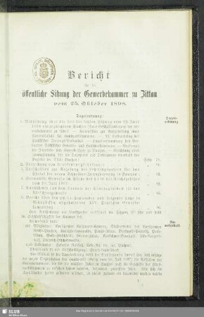 Bericht über die öffentliche Sitzung der Gewerbekammer zu Zittau vom 25. Oktober 1898