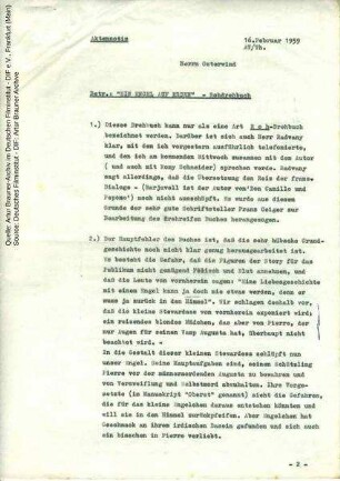 Anmerkungen zum Drehbuch, mit handschriftlichen Kommentaren von Artur Brauner