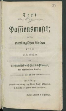 Text zur Passionsmusik; : in den Hamburgischen Kirchen 1810 aufgeführt