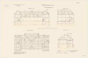 Kavallerie Kasernement II, Danzig-Langfuhr Wirtschaftsgebäude: Sparrenlage, Querschnitt, Längsschnitt, 1:100