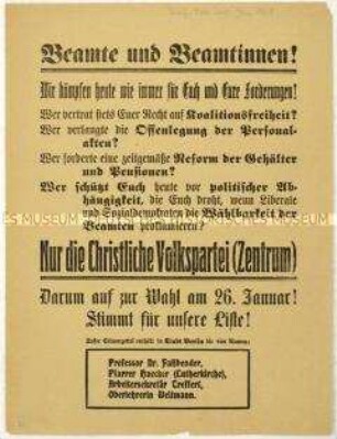Aufruf der Zentrumspartei an Beamte zur Wahl der preußischen Landesversammlung 1919