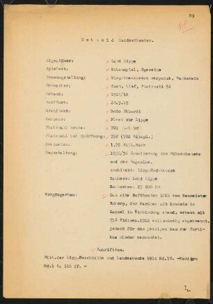 Hoftheater, Detmold: Schriftstück zum Fragebogen für das Handbuch »Das Deutsche Theater«